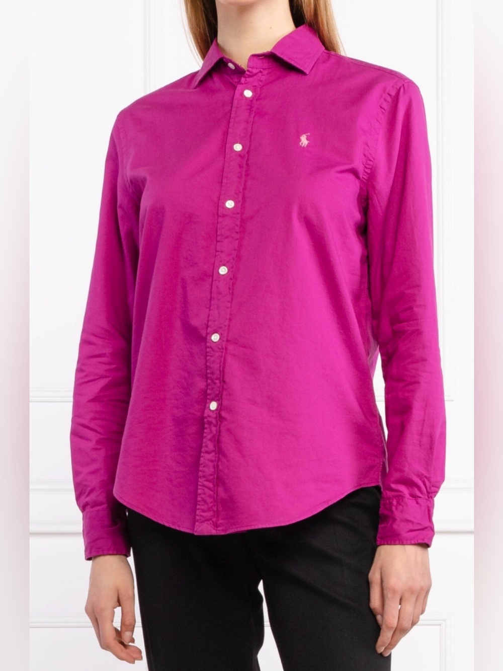 Ralph Lauren Magenta women pink button front shirt long sleeve slim fit stretch